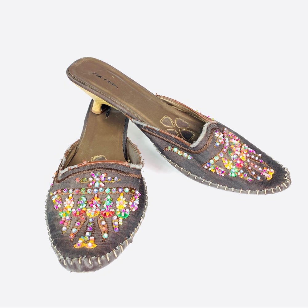 Curfew Mules Heeled Beaded Design Brown size 9